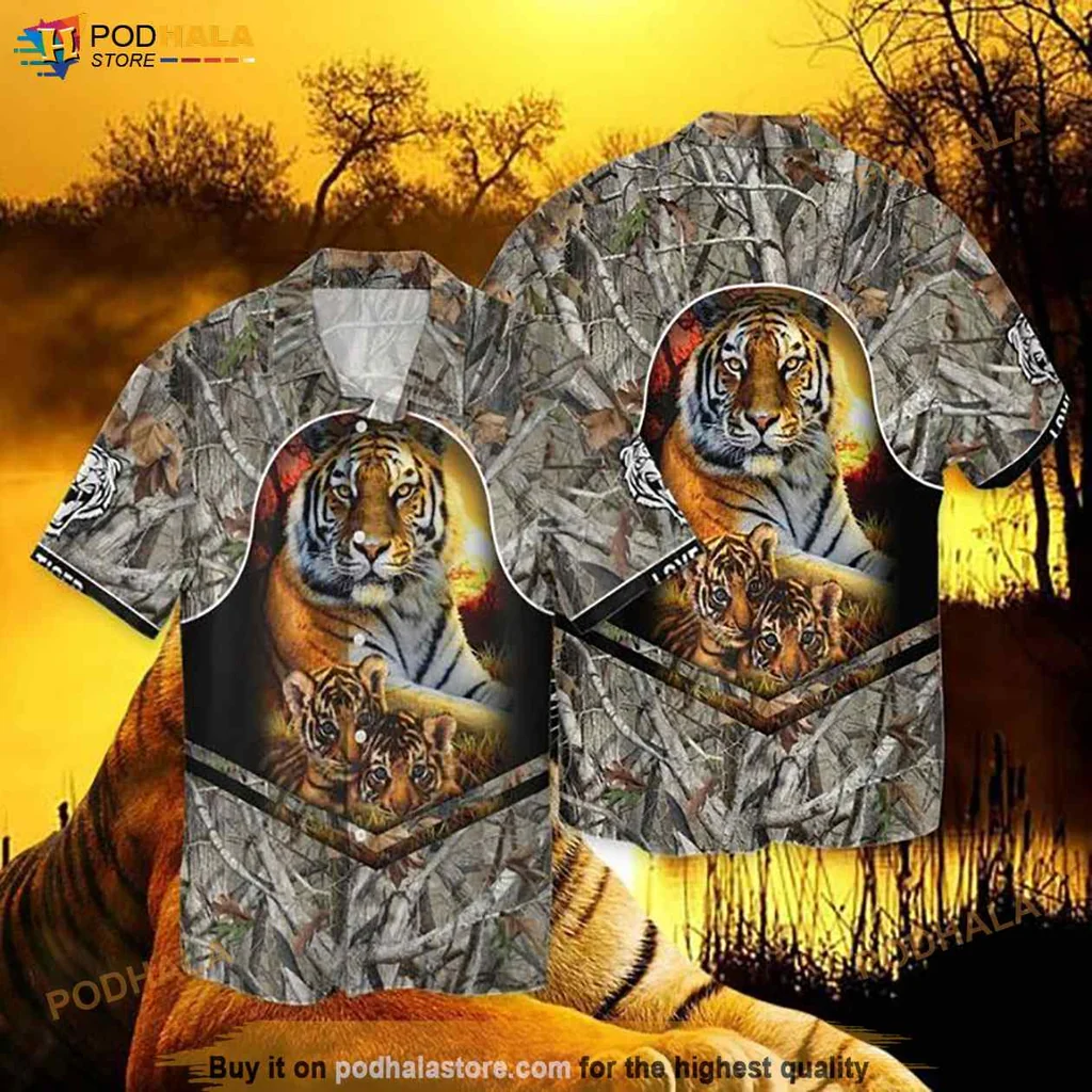Proud Tiger Family Hawaiian Shirt, Vibrant Sunset Design With Cubs And Foliage