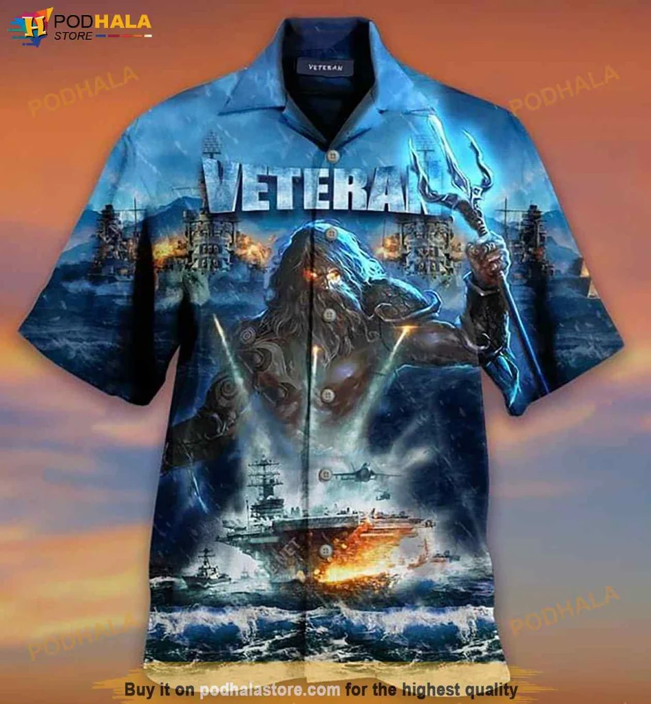 Proud Veteran Trident Hawaiian Shirt, Bold Ocean Scene With Mythological Strength
