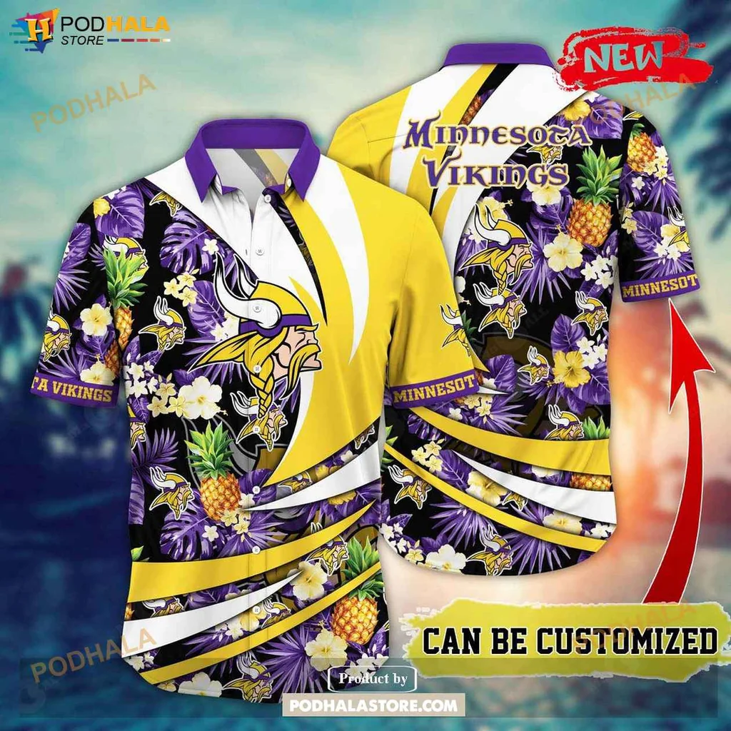 Proud Vikings Aloha Shirt, Personalized Summer Football Shirt With Floral Pineapple Design