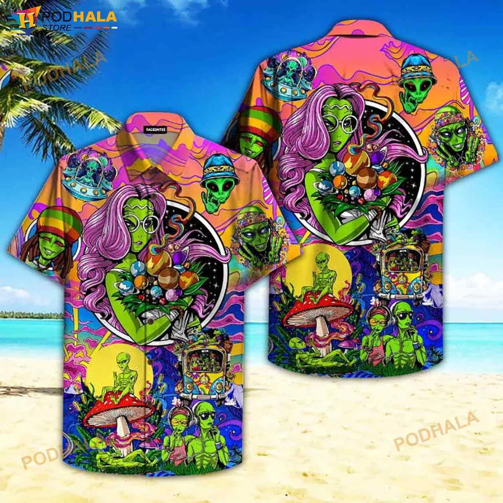Psychedelic Alien Hawaiian Shirt Featuring Colorful Peaceful Design