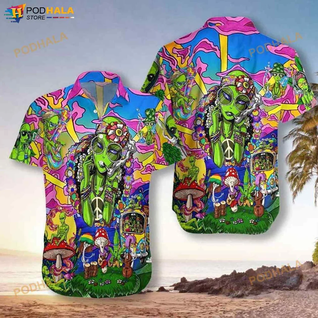Psychedelic Alien Hawaiian Shirt With Colorful Floral Design