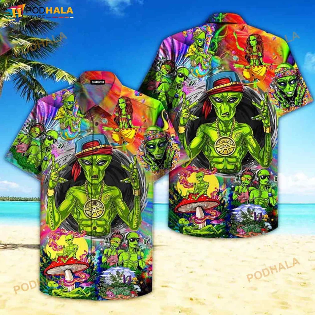 Psychedelic Alien Hawaiian Shirt With Colorful Peace Sign Design
