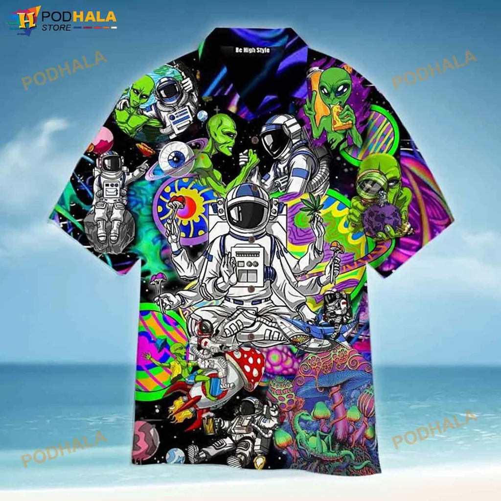 Psychedelic Astronaut Alien Hawaiian Shirt With Colorful Cosmic Design