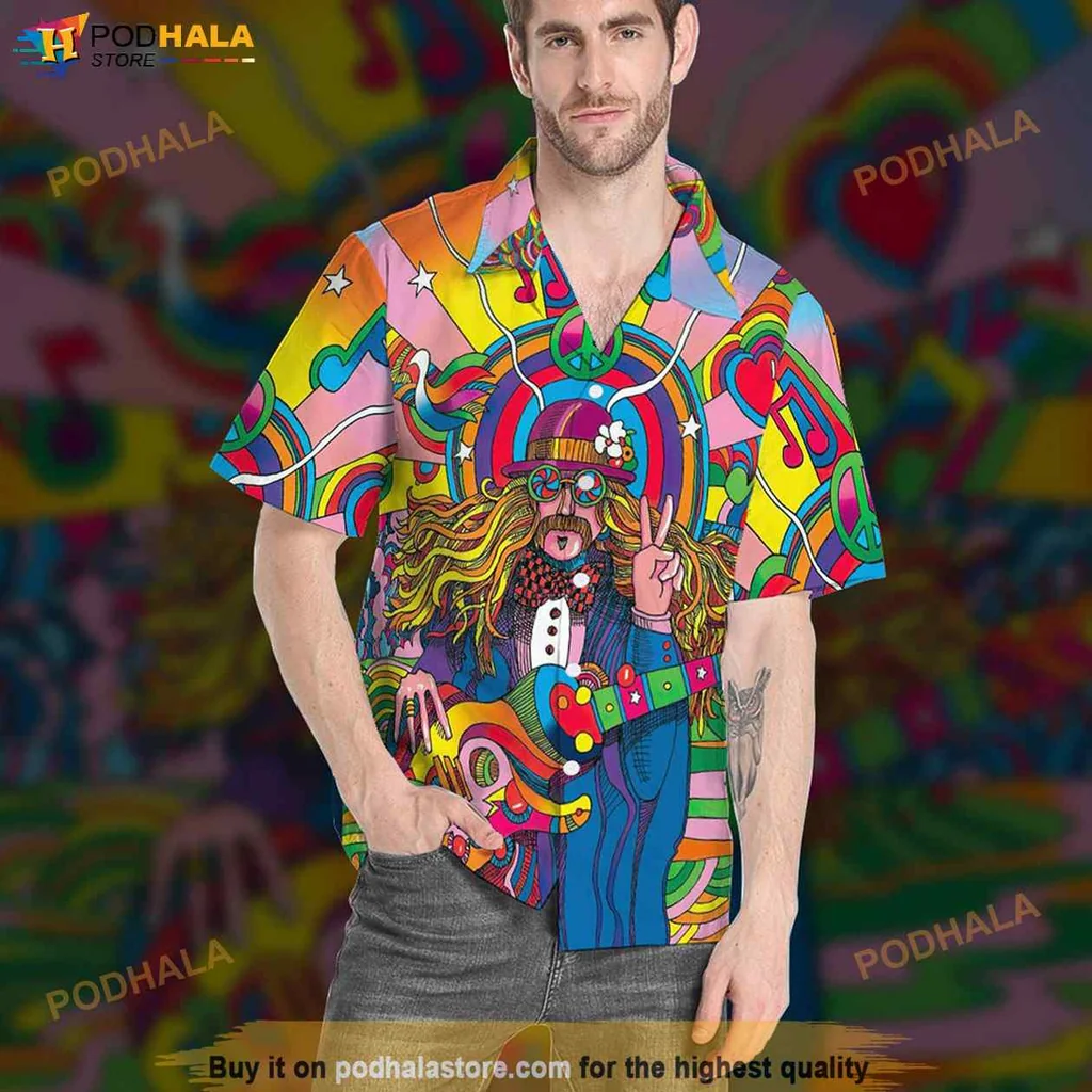 Psychedelic Guitar Player Hawaiian Shirt, Vibrant Hippie Design For Music Lovers