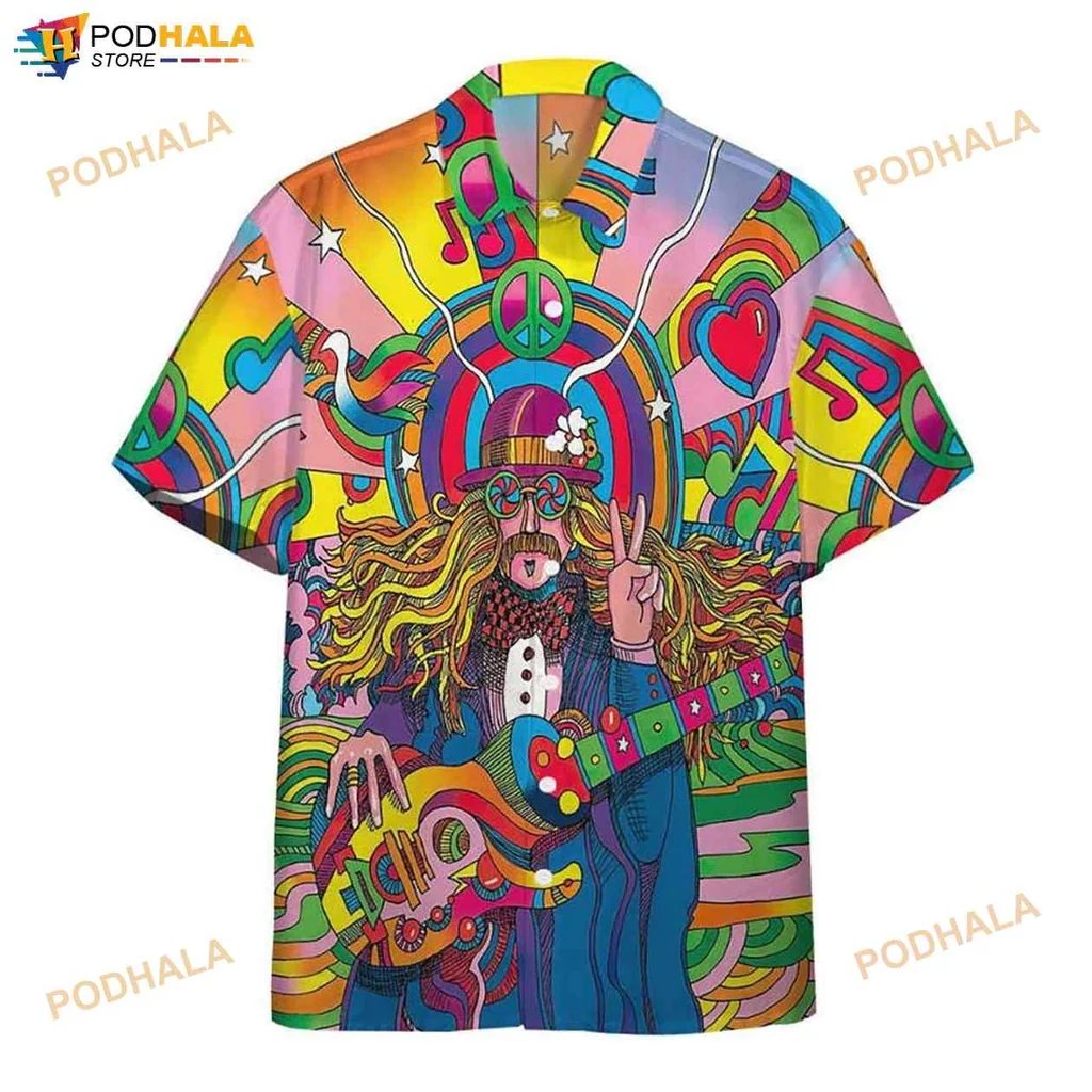 Psychedelic Hippie Character Hawaiian Shirt With Colorful Design And Guitar