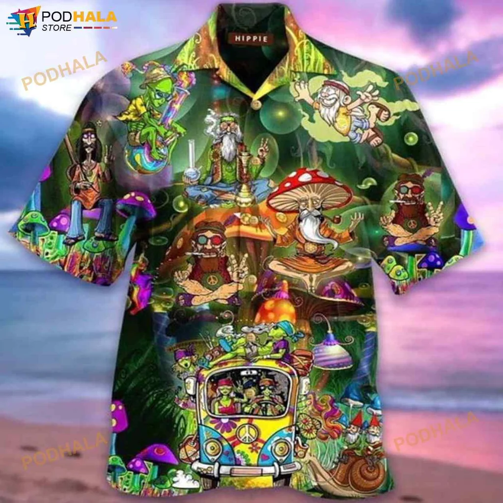 Psychedelic Hippie Hawaiian Shirt With Colorful Cartoon Characters