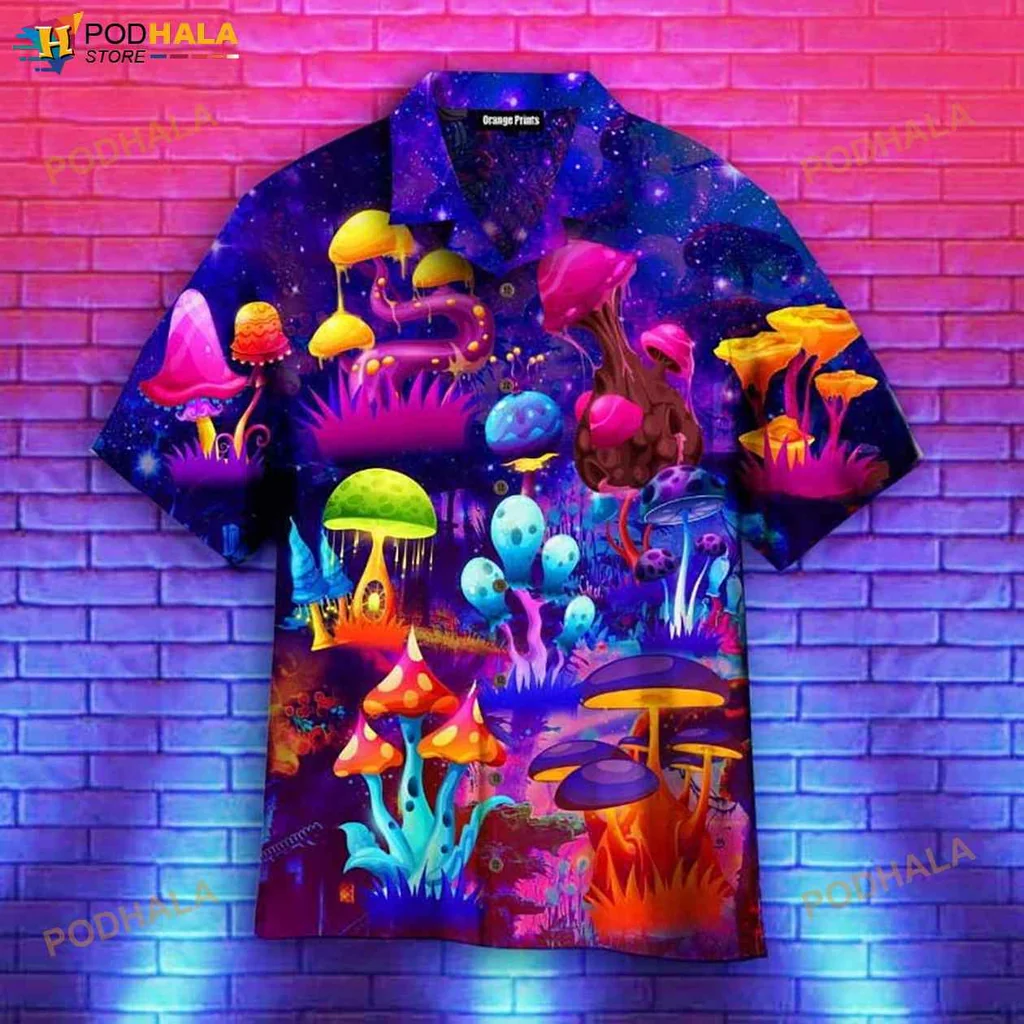 Psychedelic Mushroom Aloha Shirt, Colorful Forest Design For Hippie Vibes