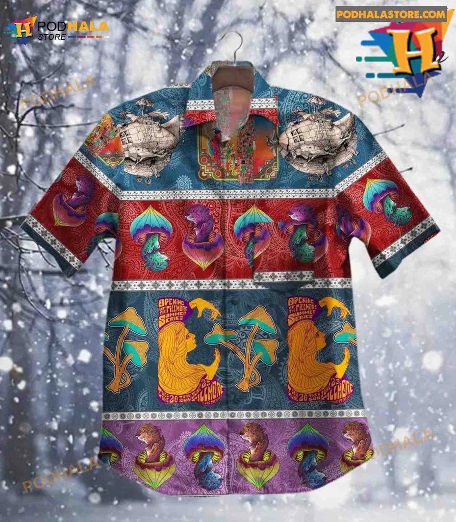 Psychedelic Mushroom Tropical Hawaiian Shirt With Colorful Fish And Abstract Shapes