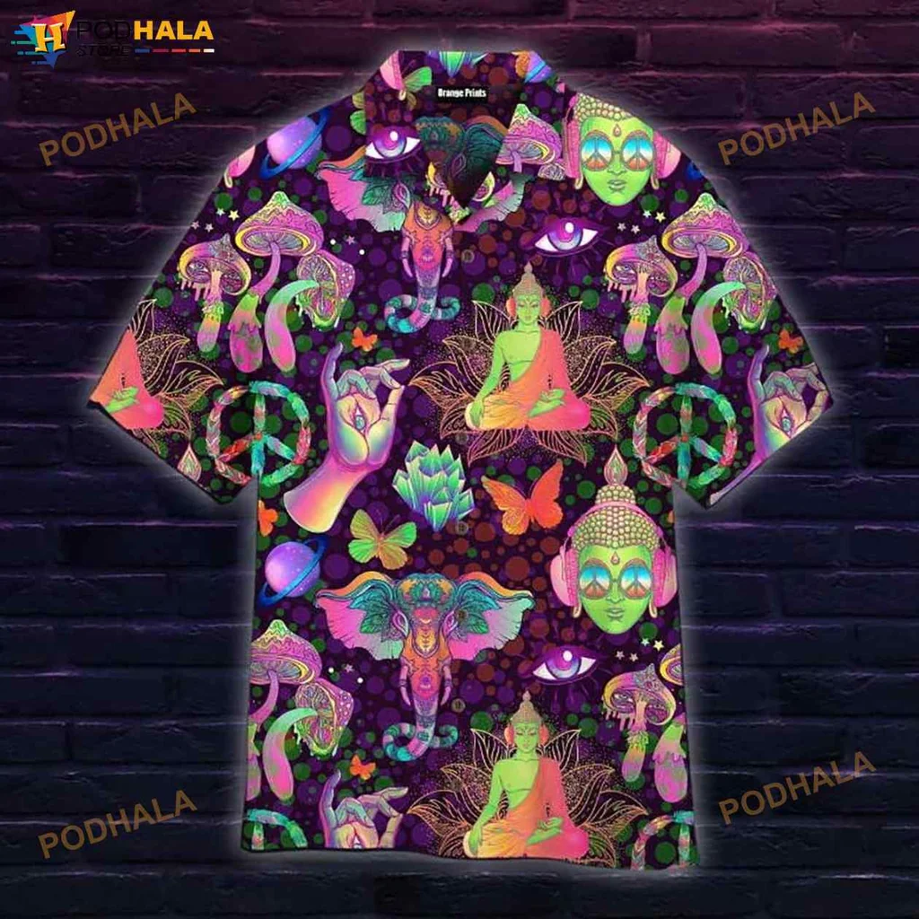 Psychedelic Peace Sign Hawaiian Shirt With Colorful Mushrooms And Elephants