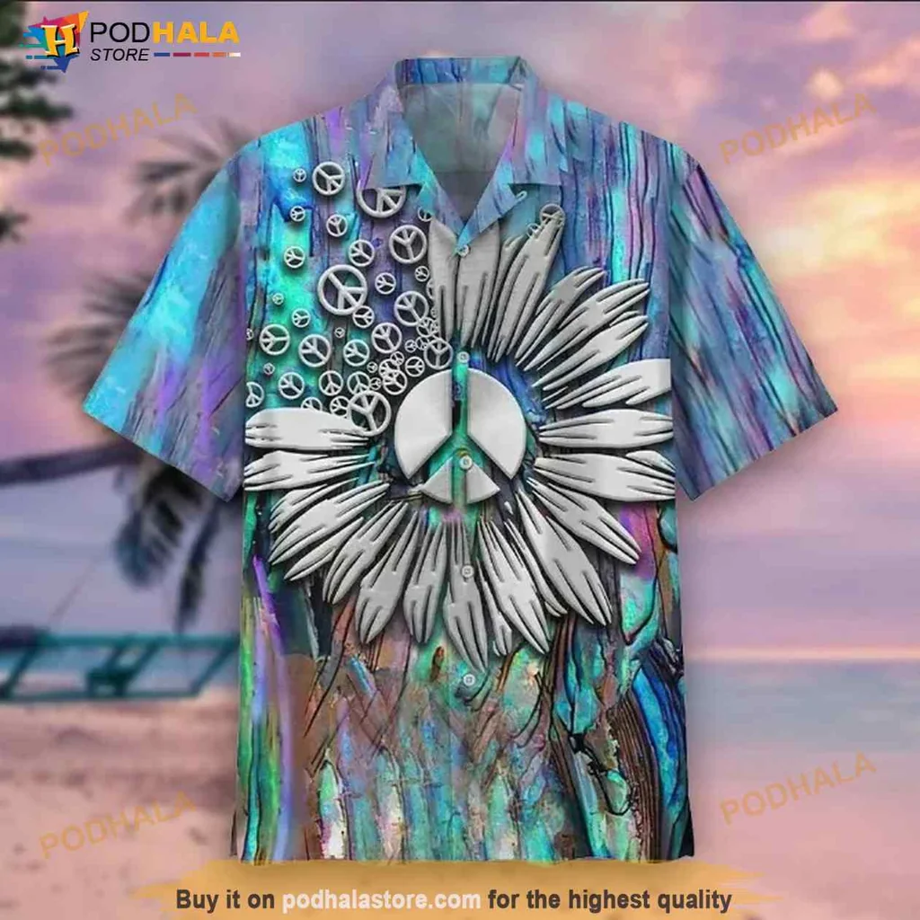 Psychedelic Peace Symbol Hawaiian Shirt With Colorful Daisy Design