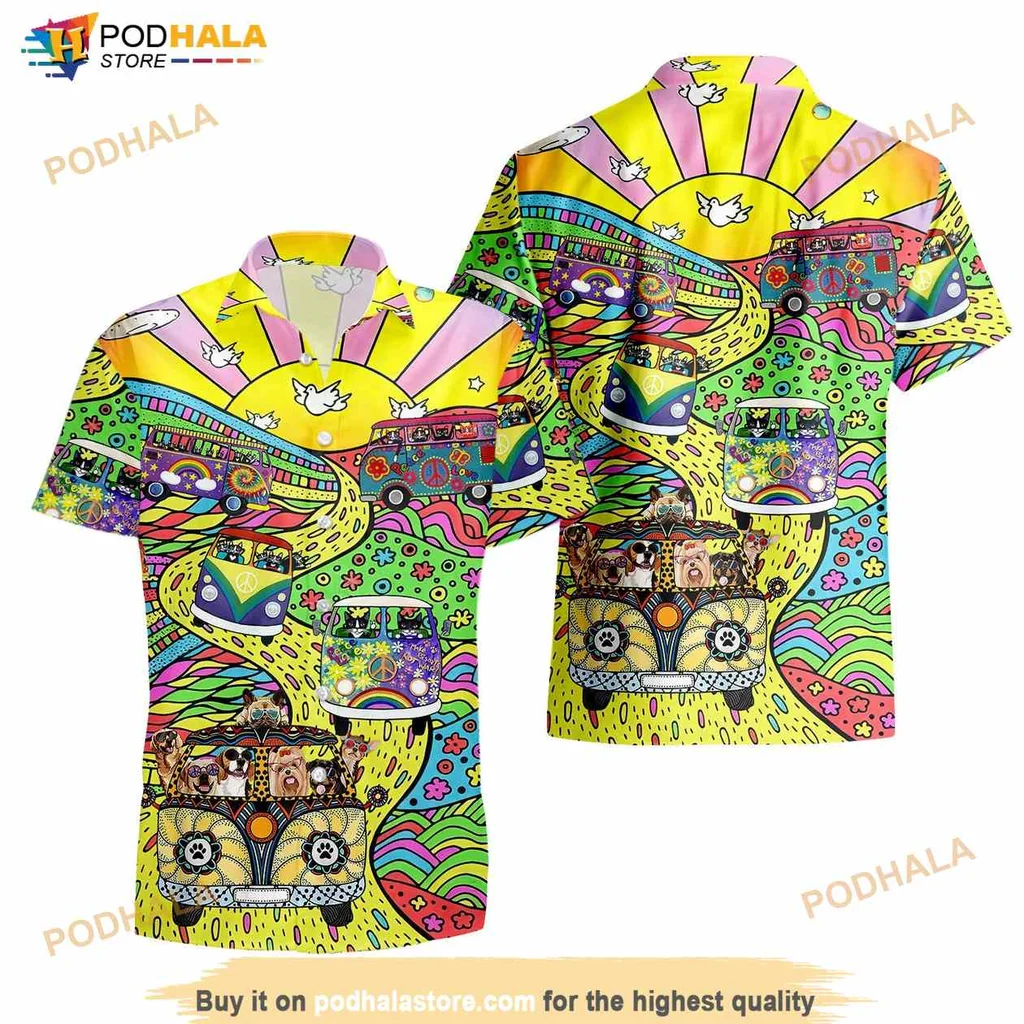 Psychedelic Road Trip Hawaiian Shirt With Colorful Vehicles And Whimsical Design
