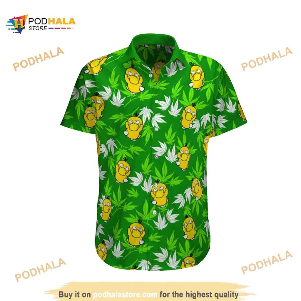 Psyduck Tropical Beach Shirt With Cartoon Characters And Tropical Leaves