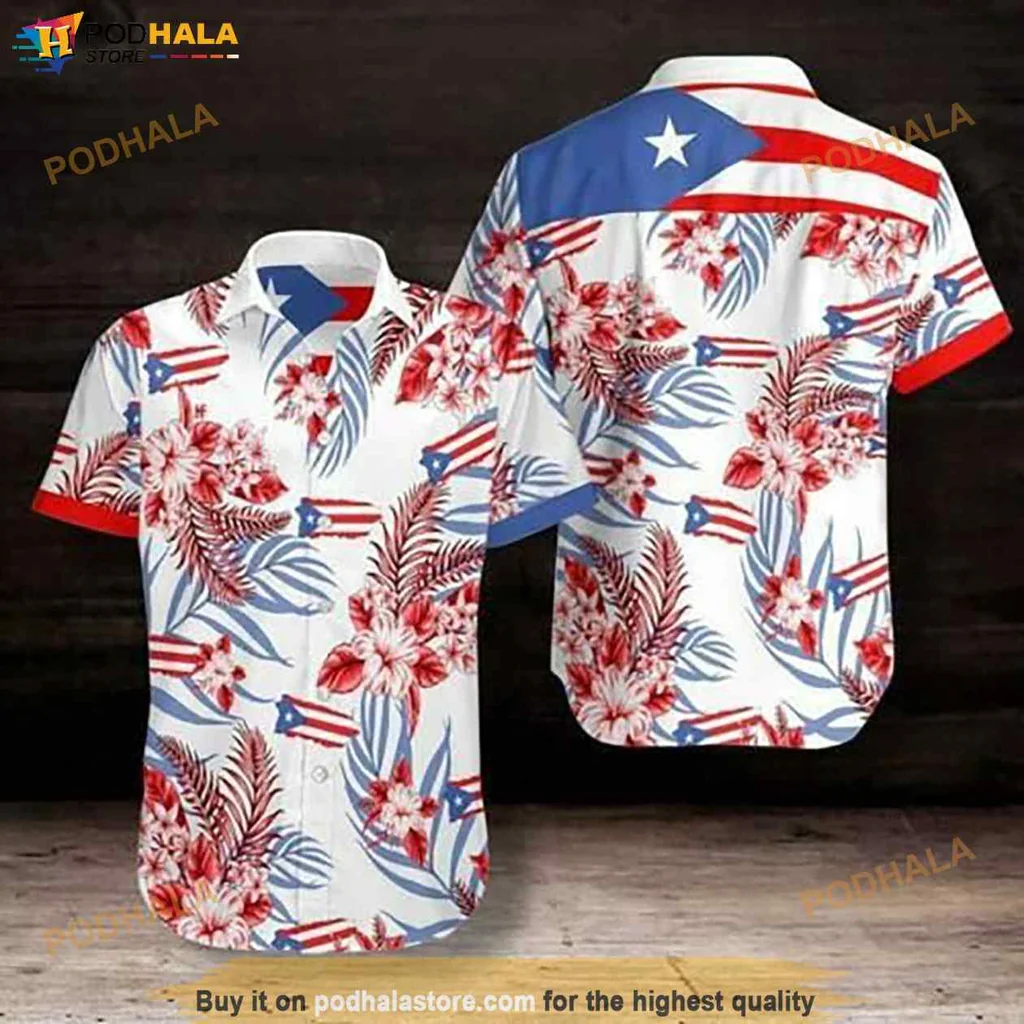 Puerto Rico Aloha Shirt With Tropical Leaves And Flag Accents