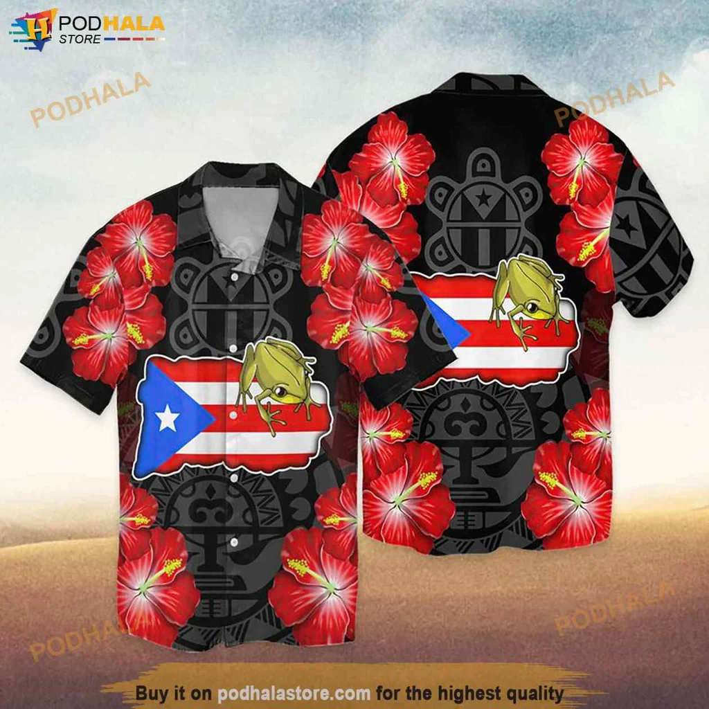 Puerto Rico Frog Aloha Shirt With Vibrant Hibiscus Flowers