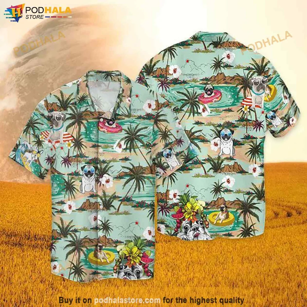 Pug Dog Funny Hawaiian Shirt With Tropical Design And Playful Pugs