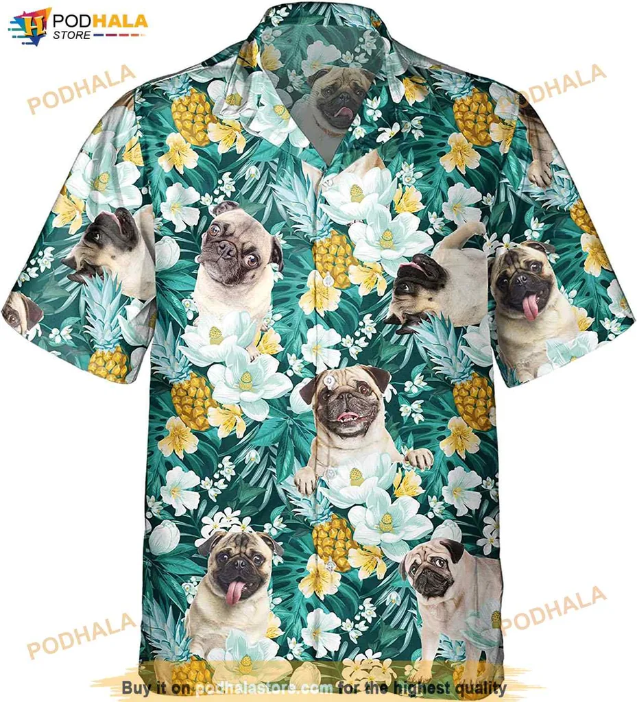Pug Dog Pineapple Hawaiian Shirt With Tropical Floral Design
