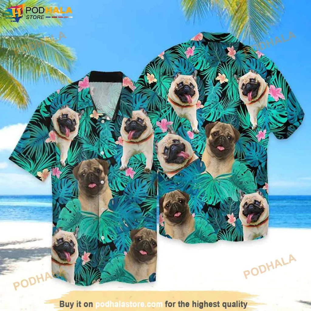 Pug Dog Tropical Hawaiian Shirt With Lush Green Leaves And Pink Flowers