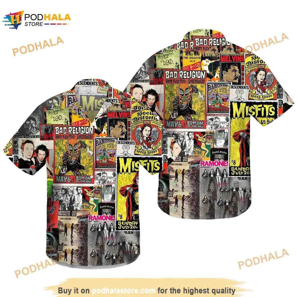 Punk Rock Collage Hawaiian Shirt Featuring Iconic Band Logos