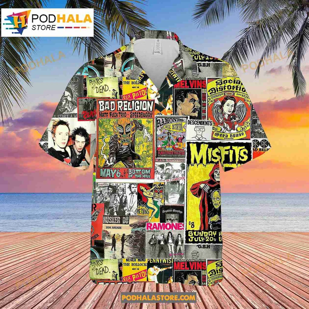 Punk Rock Collage Hawaiian Shirt Featuring Iconic Band Logos And Graphics