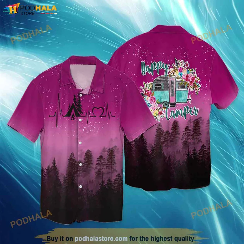 Purple Camper Bus Hawaiian Shirt With Flowers, Fun Camping Adventure Design