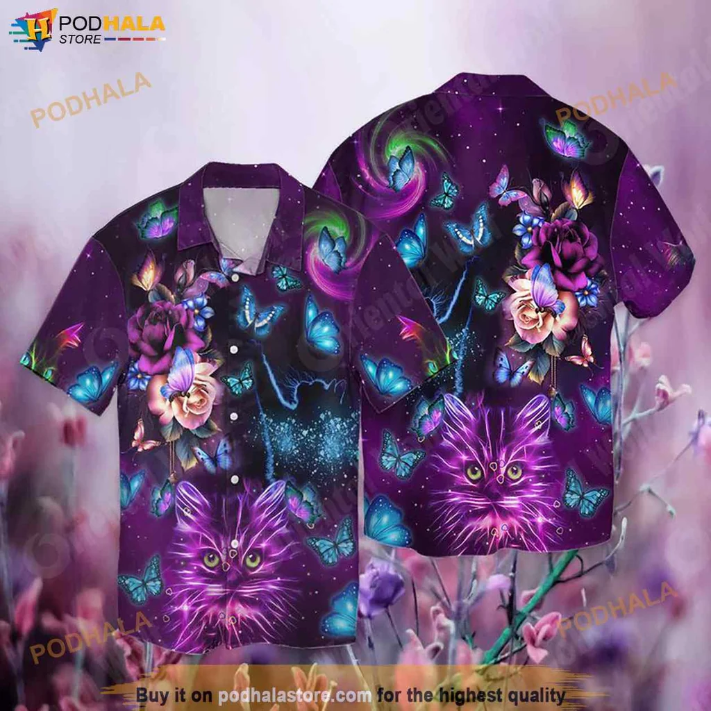 Purple Cat Lover Hawaiian Shirt, Colorful Maine Coon With Butterflies Design
