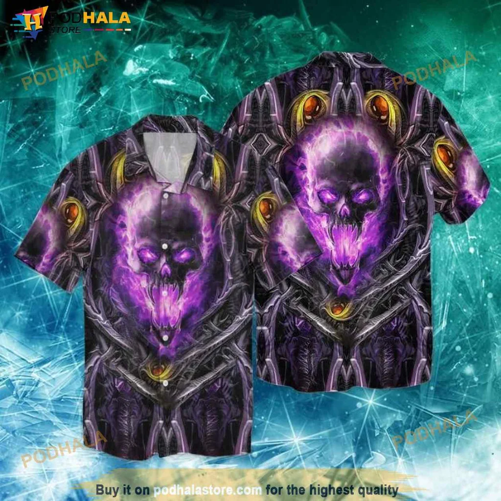Purple Skull Hawaiian Shirt With Dark Patterns And Glowing Accents