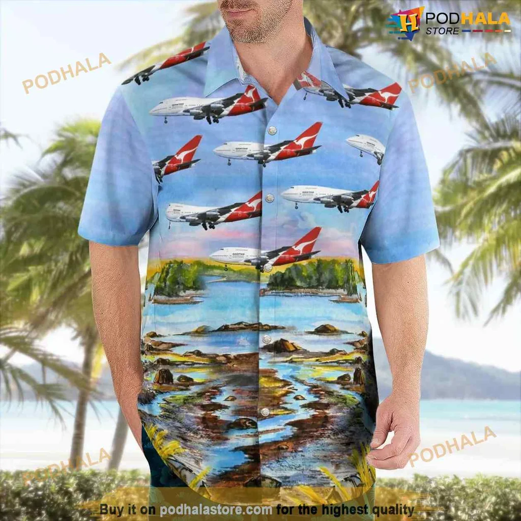 Qantas Boeing 747 Hawaiian Shirt, Colorful Aircraft Design Over Scenic Landscape