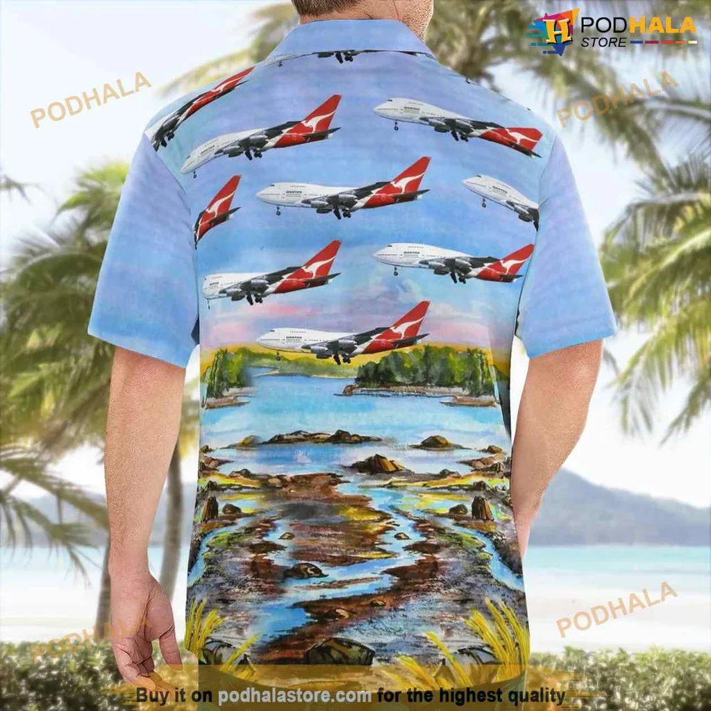 Qantas Boeing 747 Aloha Shirt, Colorful Aircraft Design Over Scenic Landscape Qantas Boeing 747 Aloha Shirt, Colorful Aircraft Design Over Scenic Landscape