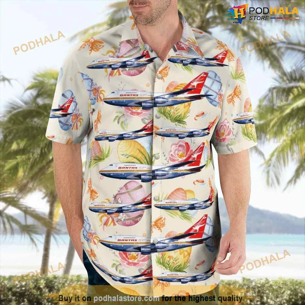 Qantas Boeing 747 Hawaiian Shirt With Easter Bunny And Floral Design