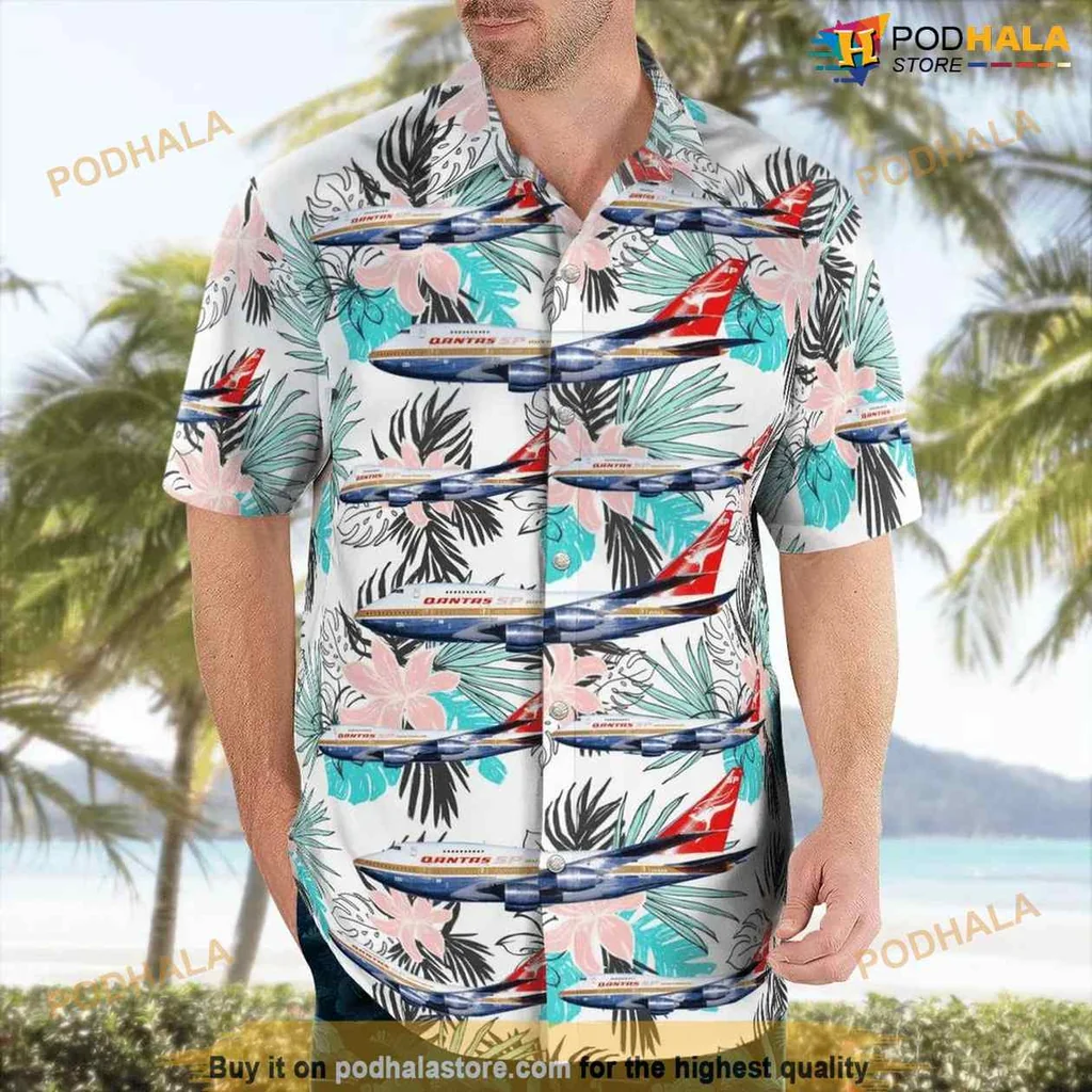 Qantas Boeing 747 Hawaiian Shirt With Tropical Floral Design