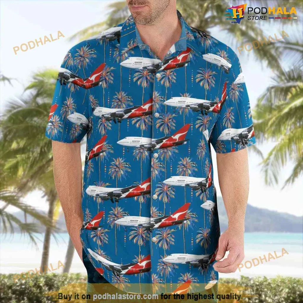 Qantas Boeing 747 Hawaiian Shirt With Tropical Palm Tree Design