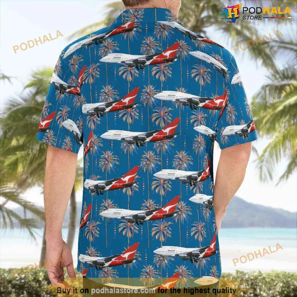 Qantas Boeing 747 Aloha Shirt With Tropical Palm Tree Design Qantas Boeing 747 Aloha Shirt With Tropical Palm Tree Design