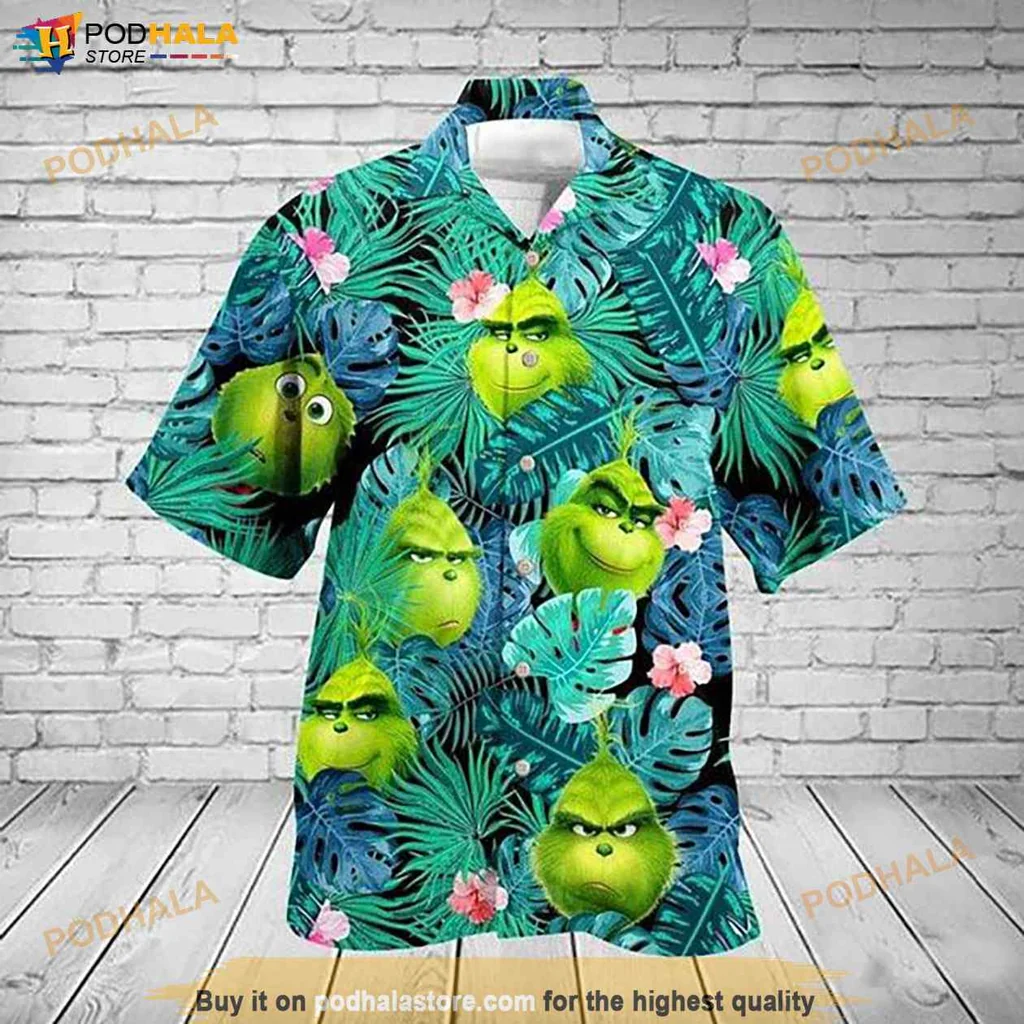 Quirky Green Character Hawaiian Shirt, Tropical Floral Design With Playful Vibes