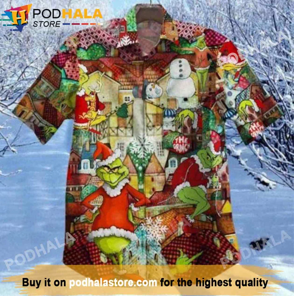 Quirky Grinch Holiday Hawaiian Shirt, Funny Christmas Design With Festive Elements