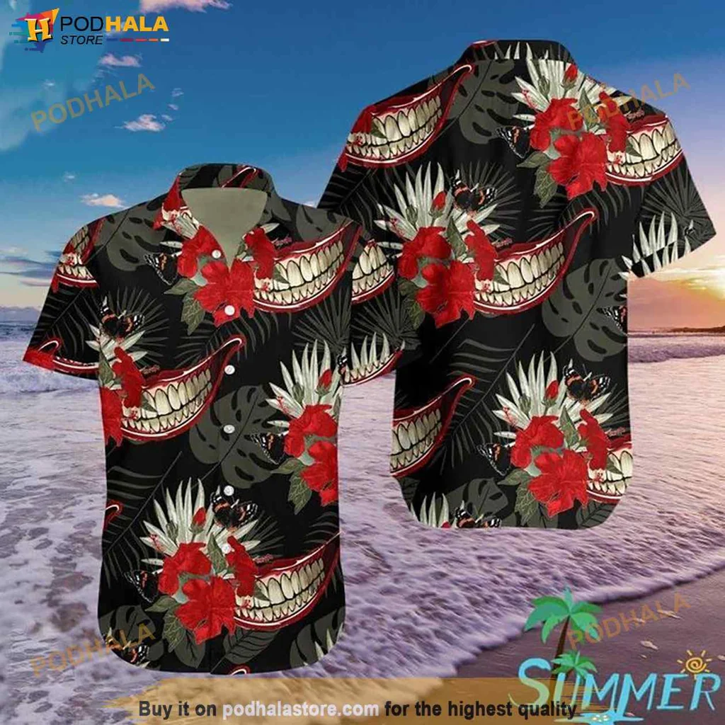 Quirky Tropical Hibiscus Hawaiian Shirt, Vibrant Tropical Design With Playful Grinning Mouth