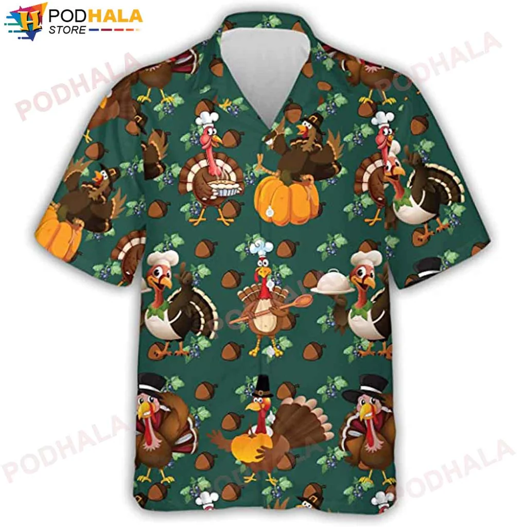 Quirky Turkey Chef Hawaiian Shirt, Funny Thanksgiving Design With Pumpkins And Acorns