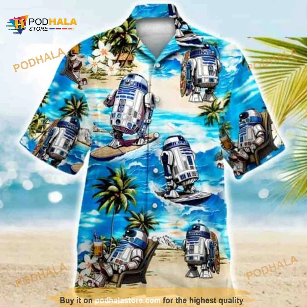 R2d2 Surfing Hawaiian Shirt With Tropical Beach Design