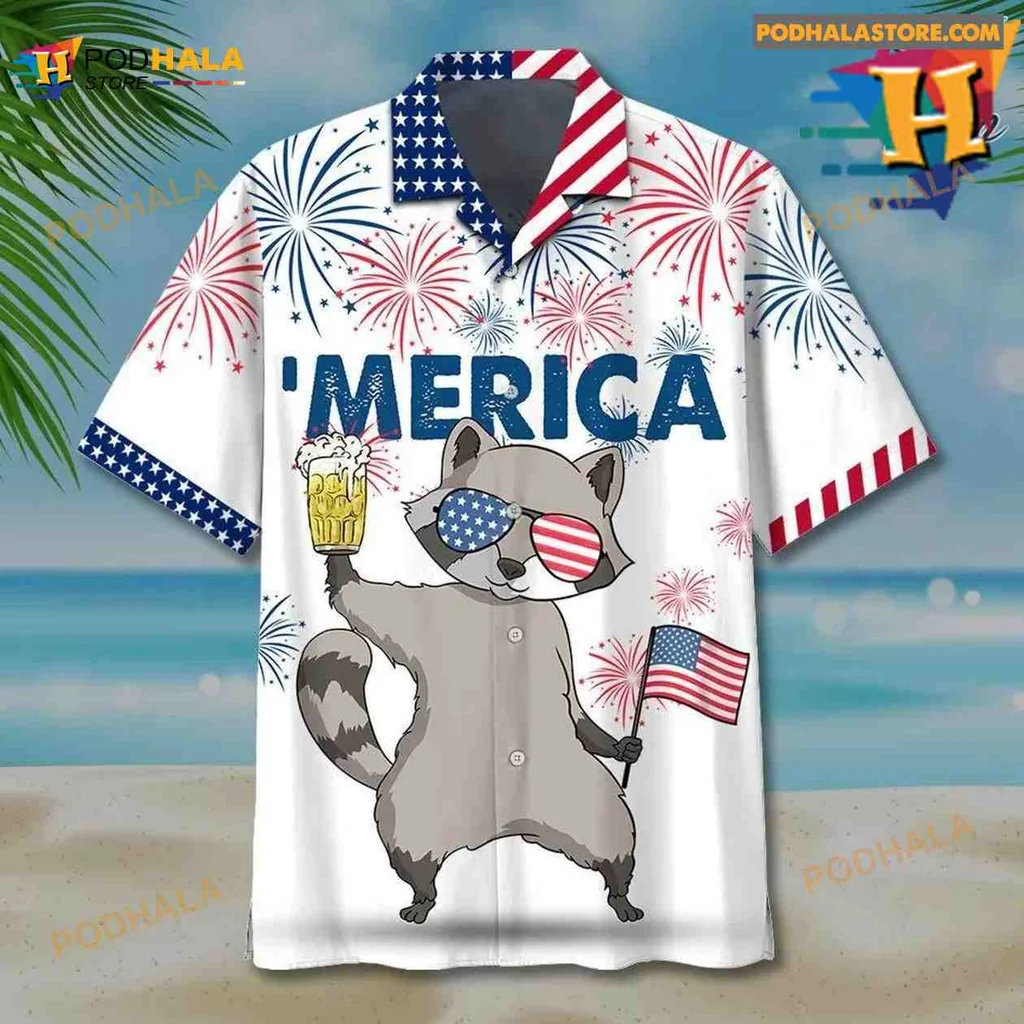 Raccoon Beer Hawaiian Shirt With American Flag And Fireworks