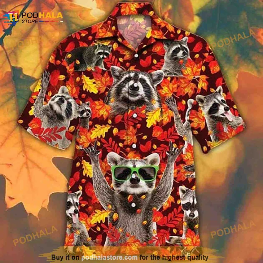 Raccoon Summer Hawaiian Shirt With Colorful Autumn Leaves And Sunglasses