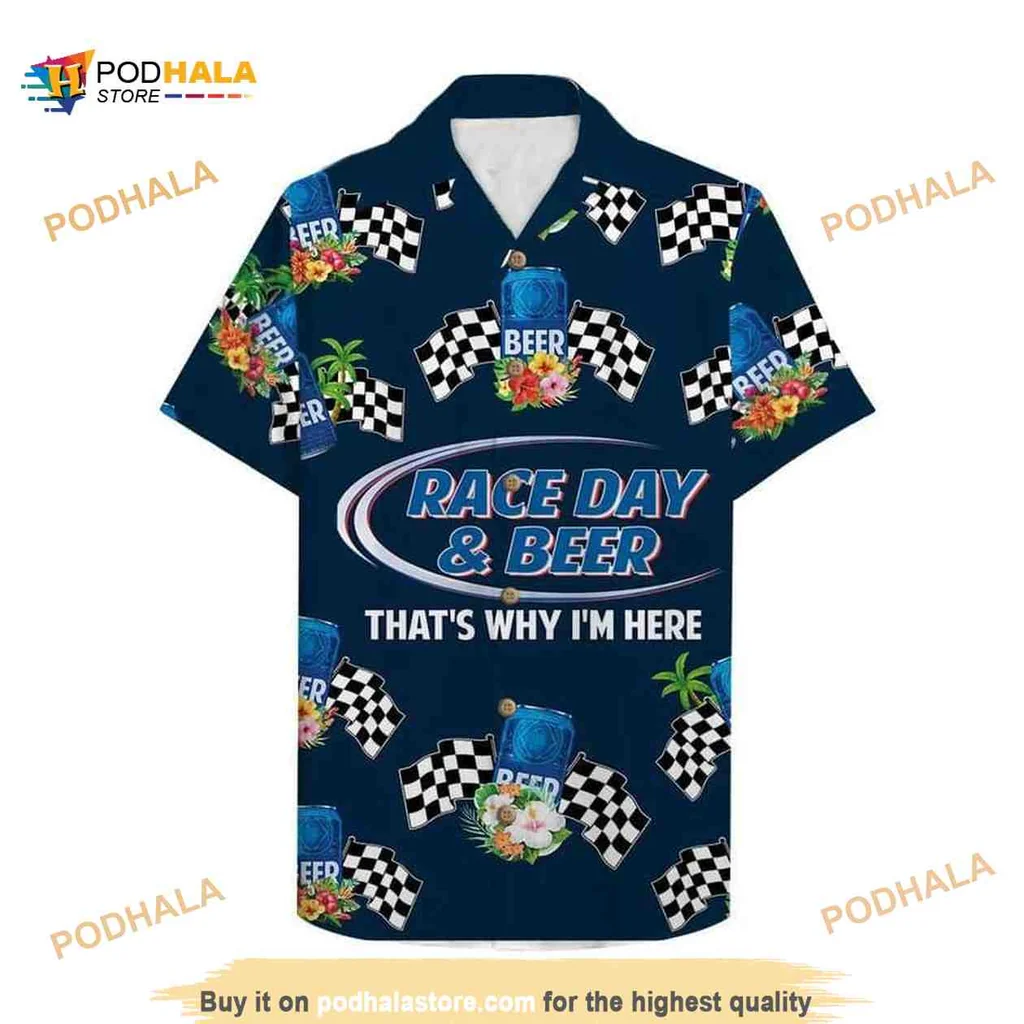 Race Day Beer Hawaiian Shirt With Tropical Flowers And Racing Flags