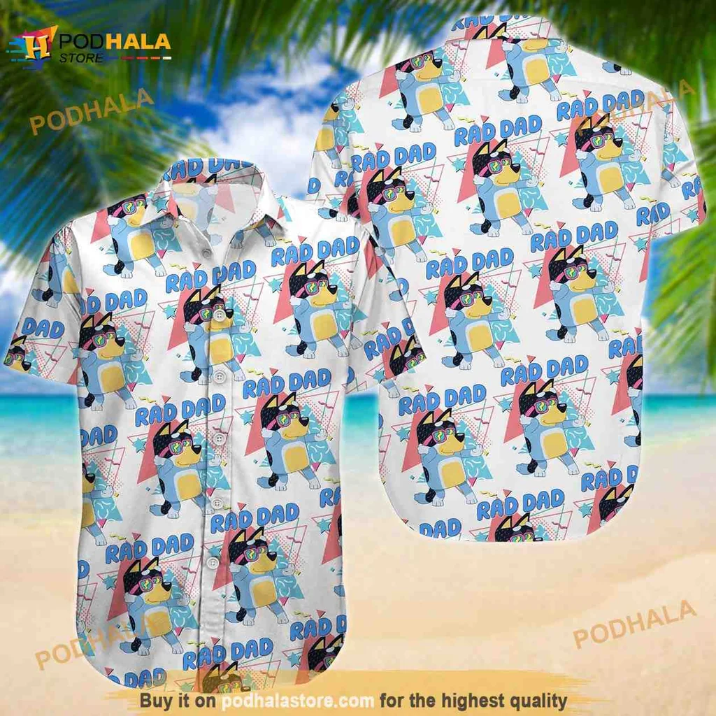 Rad Dad Tropical Hawaiian Shirt With Surfboard And Palm Trees