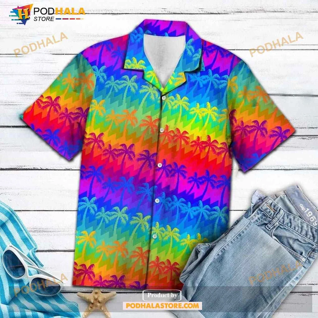 Rainbow Palm Tree Aloha Shirt, Vibrant Tropical Hawaiian Style