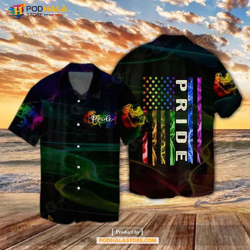 Rainbow Pride Aloha Shirt Featuring Vibrant American Flag Design