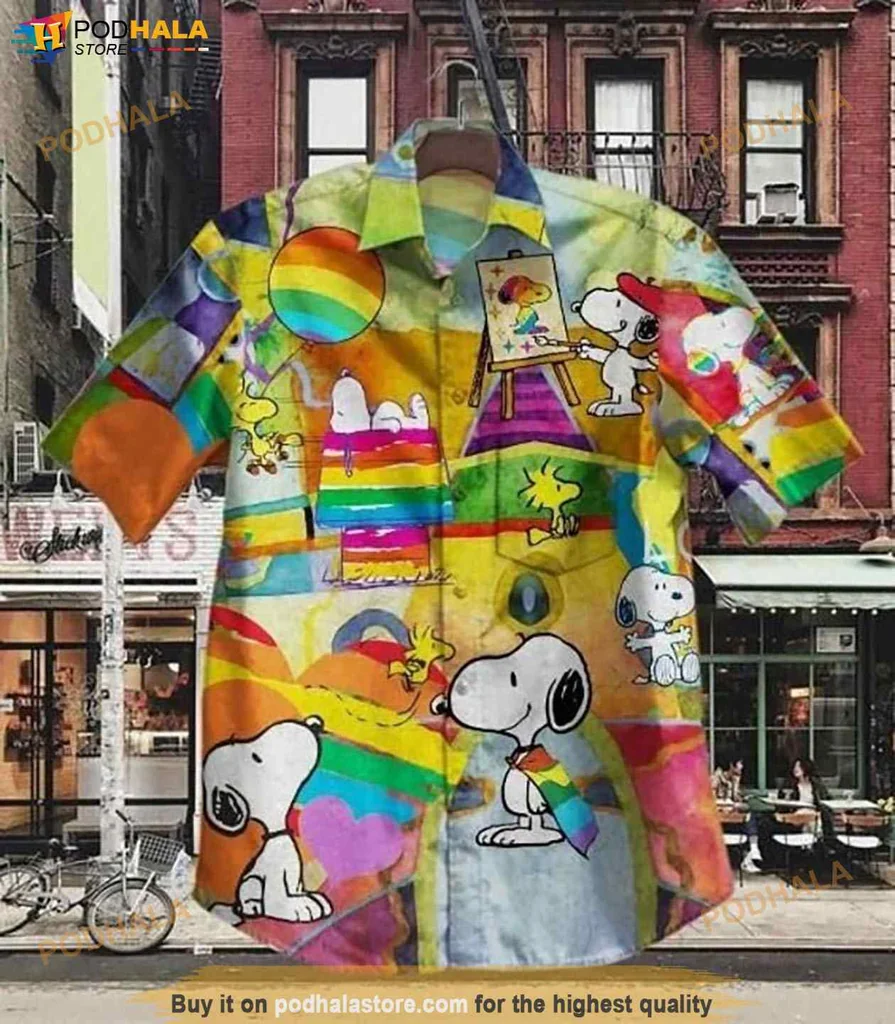 Rainbow Snoopy Hawaiian Shirt, Colorful Peanuts Design With Woodstock For Pride Events