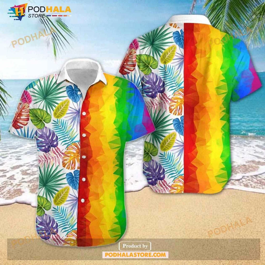 Rainbow Tropical Leaves Aloha Shirt With Polygonal Design