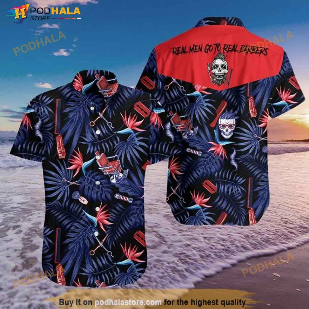 Real Men Barber Hawaiian Shirt With Skull And Tropical Design