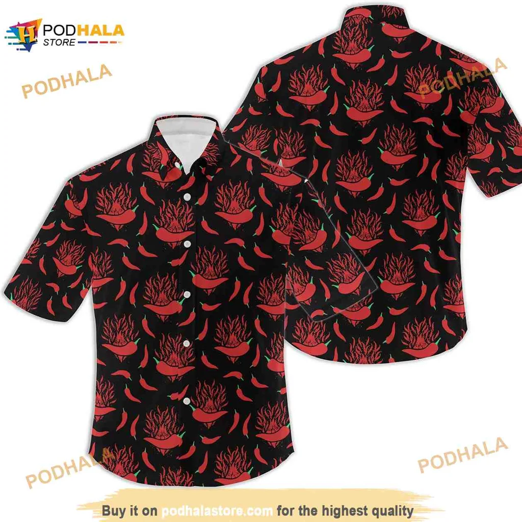 Red Chili Pepper Hawaiian Shirt With Bold Black Background