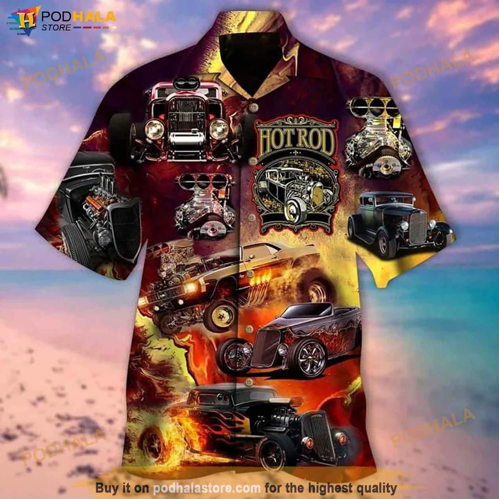 Red Hot Rod Hawaiian Shirt, Vintage Car Print Button Up For Enthusiasts