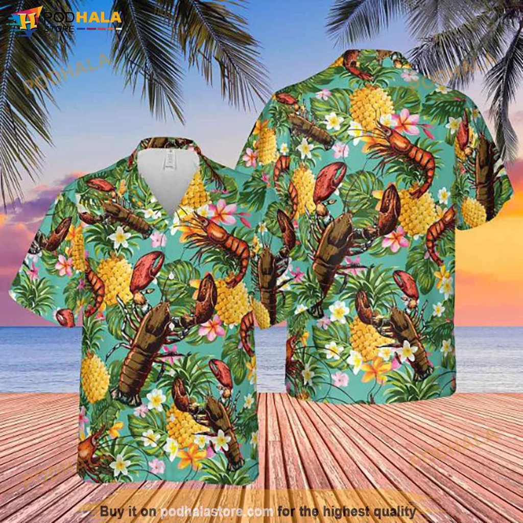 Red Lobster Tropical Shirt, Vibrant Beachwear With Pineapples And Flowers