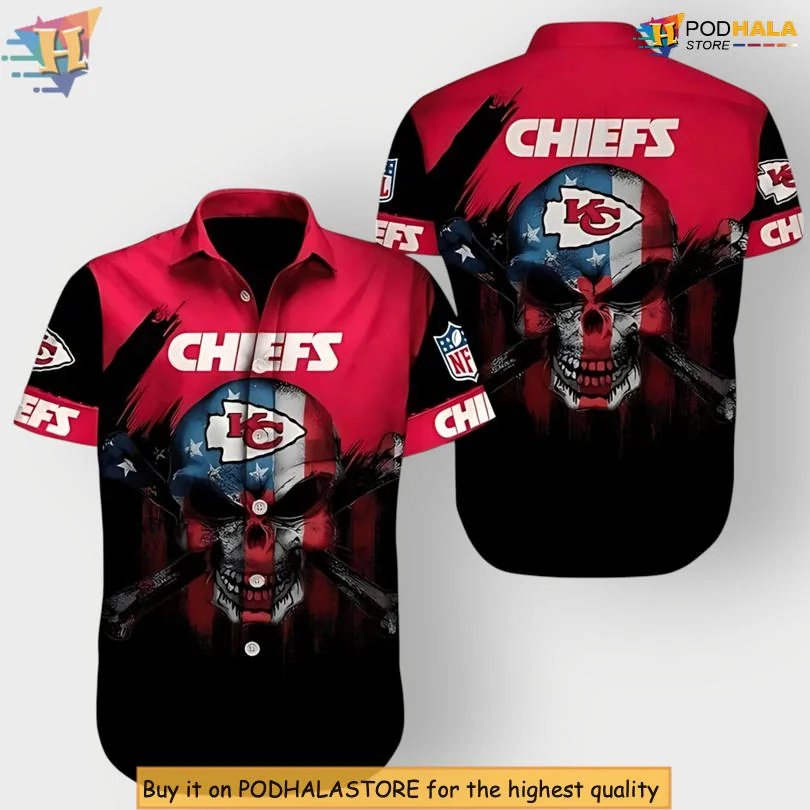 Red Skull Kansas City Chiefs Hawaiian Shirt With American Flag Design